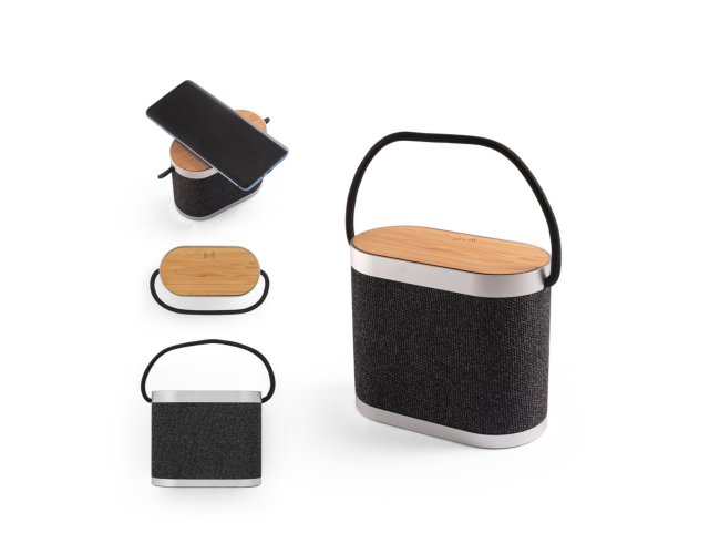 Caixa de som de 5W com carregador por indu��o super-r�pido e autonomia de 2h (1.200 mAh), em bambu e PET 100% reciclado